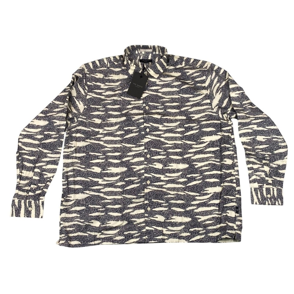 Ted Baker London Zebra Print LS Button Up Navy White Size 7 Men's XXXL NEW